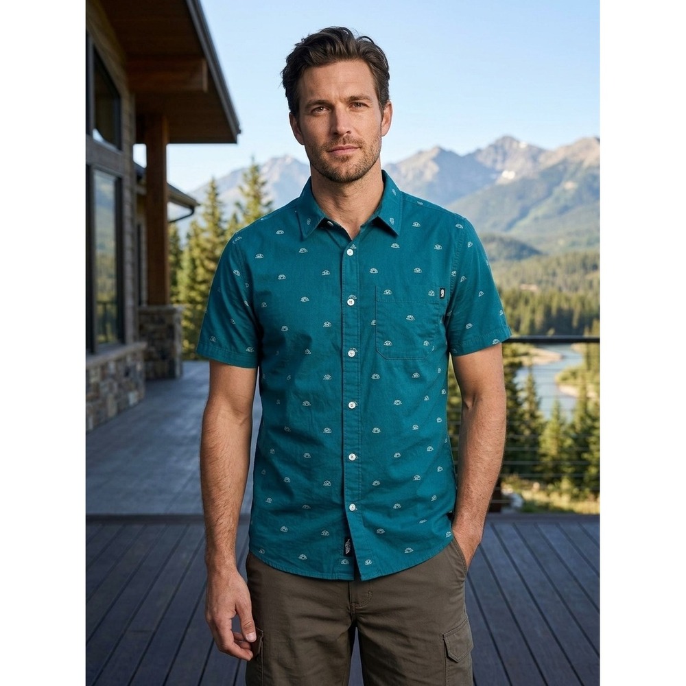 The North Face Mens XL Teal Green Dome Print Short Sleeve Button Down Shirt